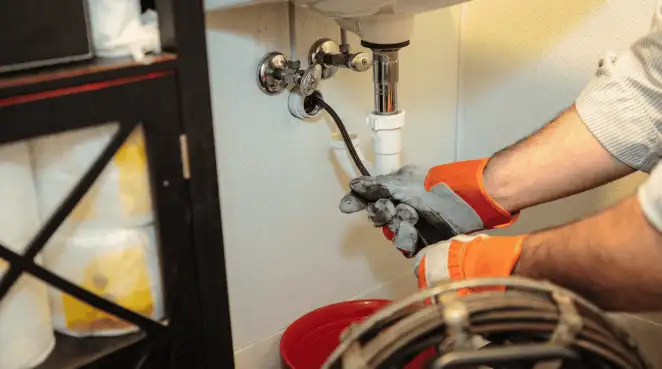 Drain cleaning technician using a motorized plumbing snake to clear a clogged sink pipe in Boston, MA